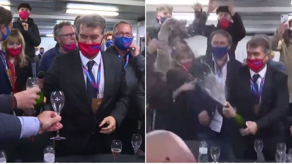 La celebración de Joan Laporta tras ganar las elecciones: cava, saltos y cánticos con su equipo