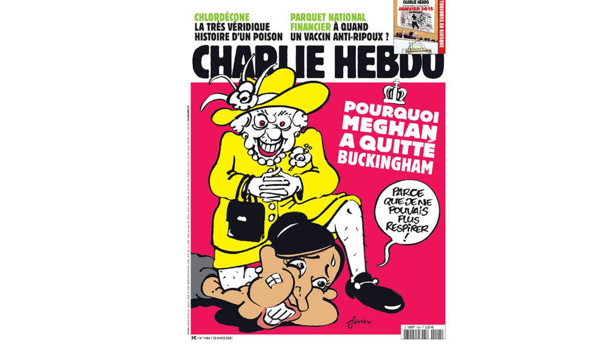 Charlie Hebdo dibuja a la reina Isabel II mientras aplasta la cabeza de Meghan Markle como si fuera George Floyd Charlie Hebdo dibuja a la reina Isabel II mientras aplasta la cabeza de Meghan Markle como si fuera George Floyd