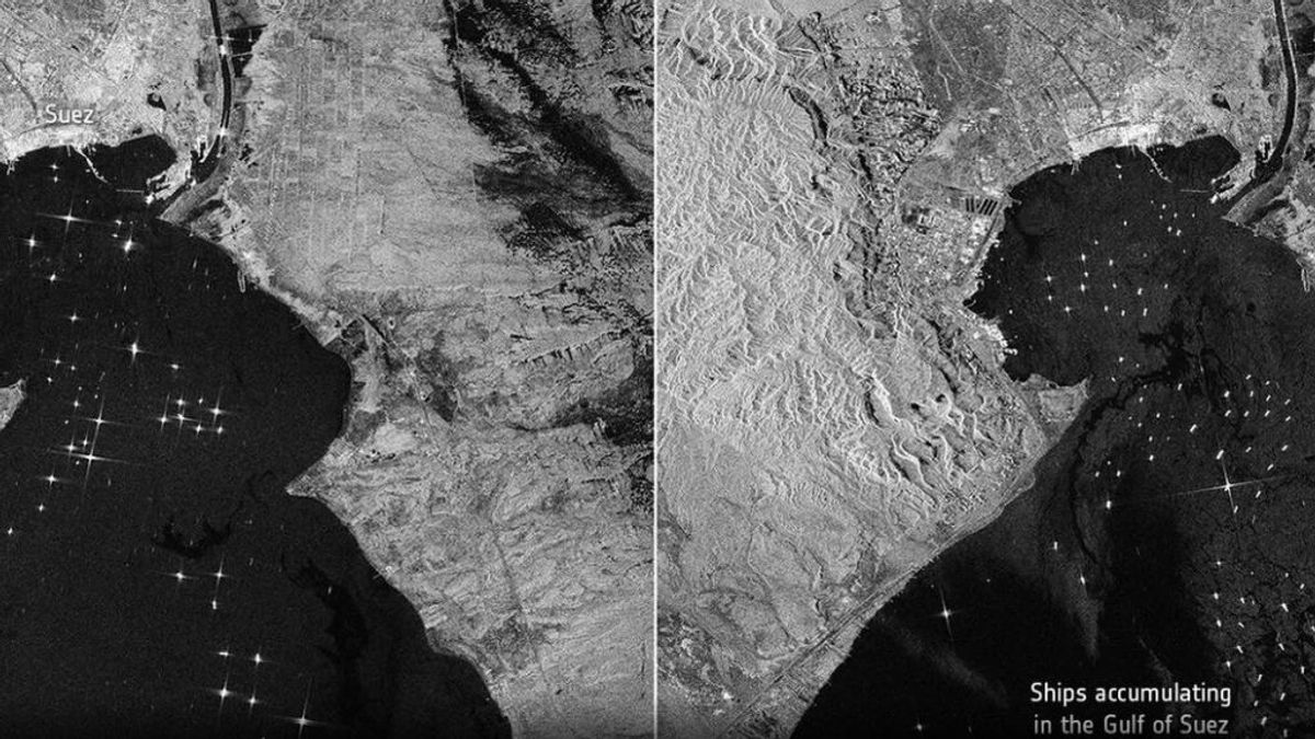 El atasco del Canal de Suez visto desde el espacio