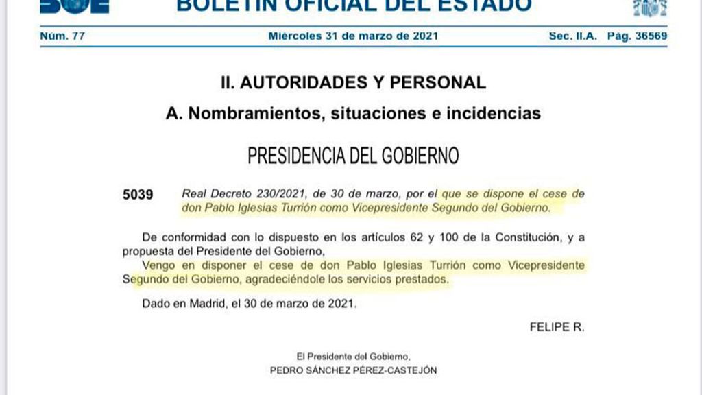 El Boe publica el cese de Pablo Iglesias