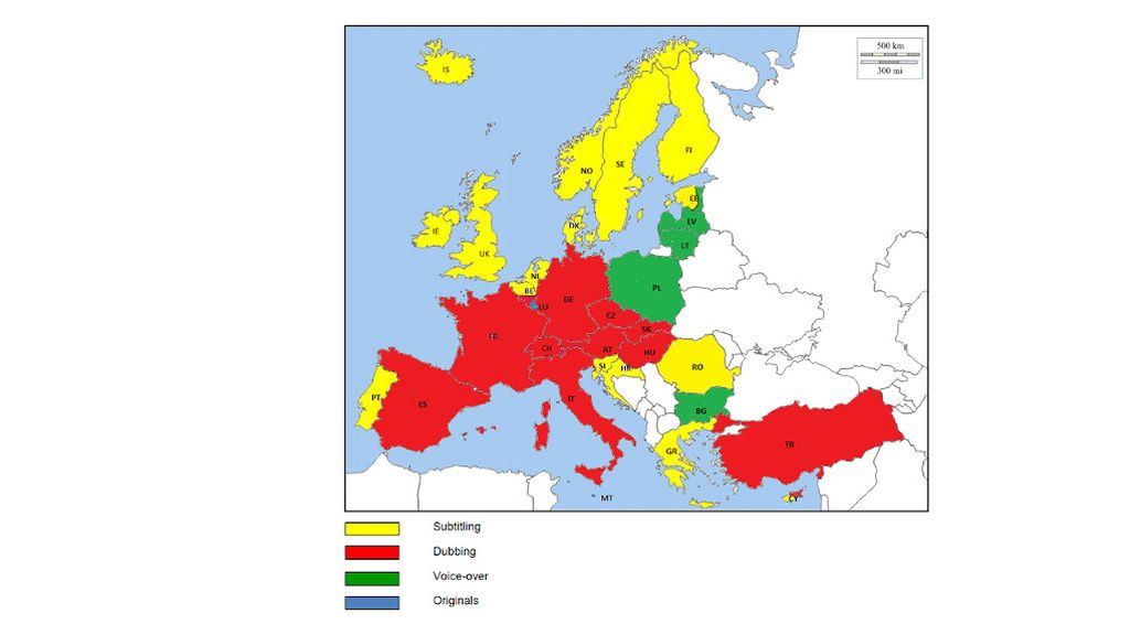 Mapa de las prácticas de traducción audiovisual en Europa.