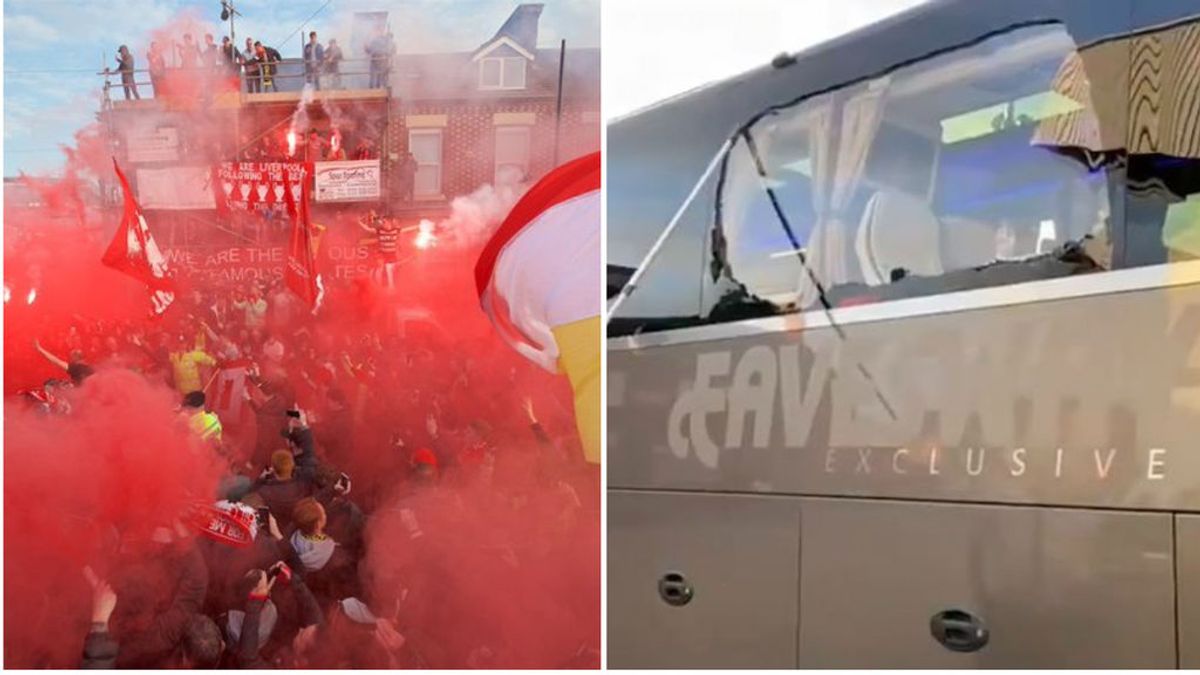 Así quedó el autobús del Real Madrid tras ser apedreado a su llegada a Anfield