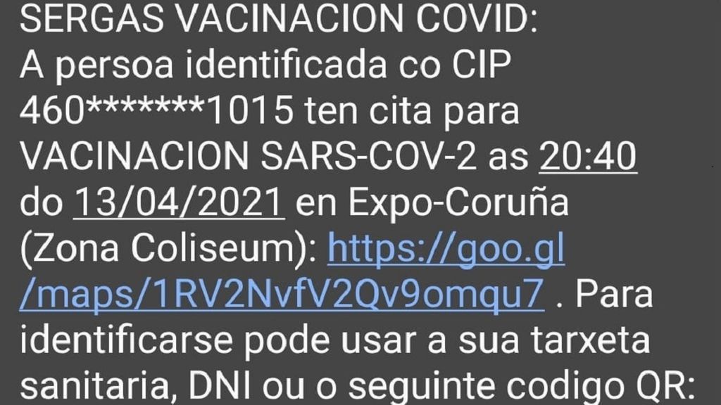 Mensaje de texto recibido en el móvil para la cita de la vacuna