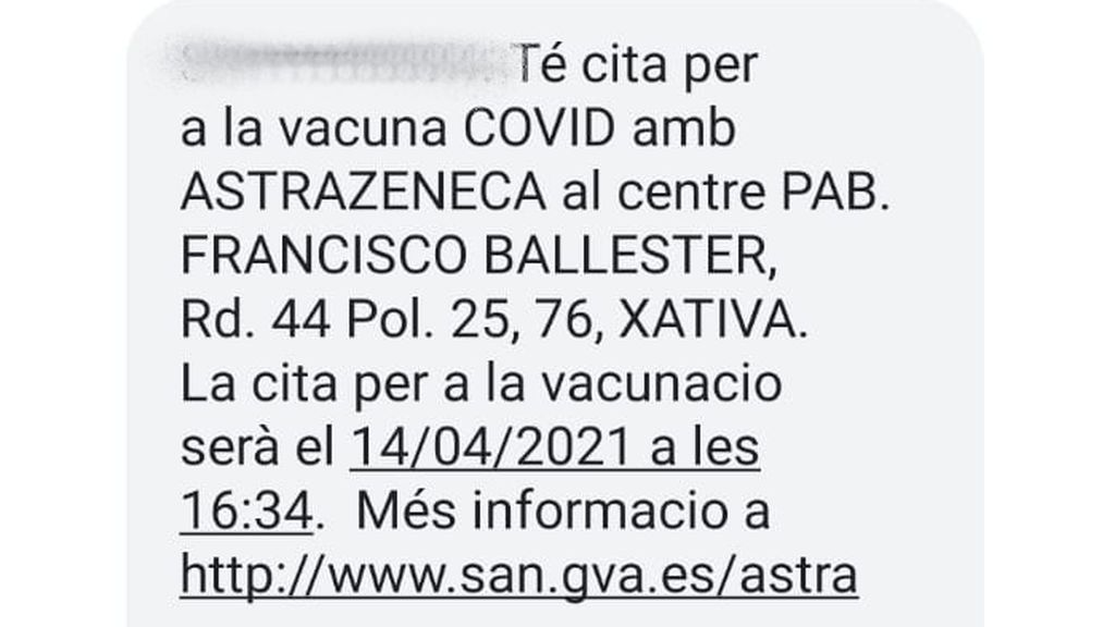 Así es el SMS que reciben los valencianos para vacunarse