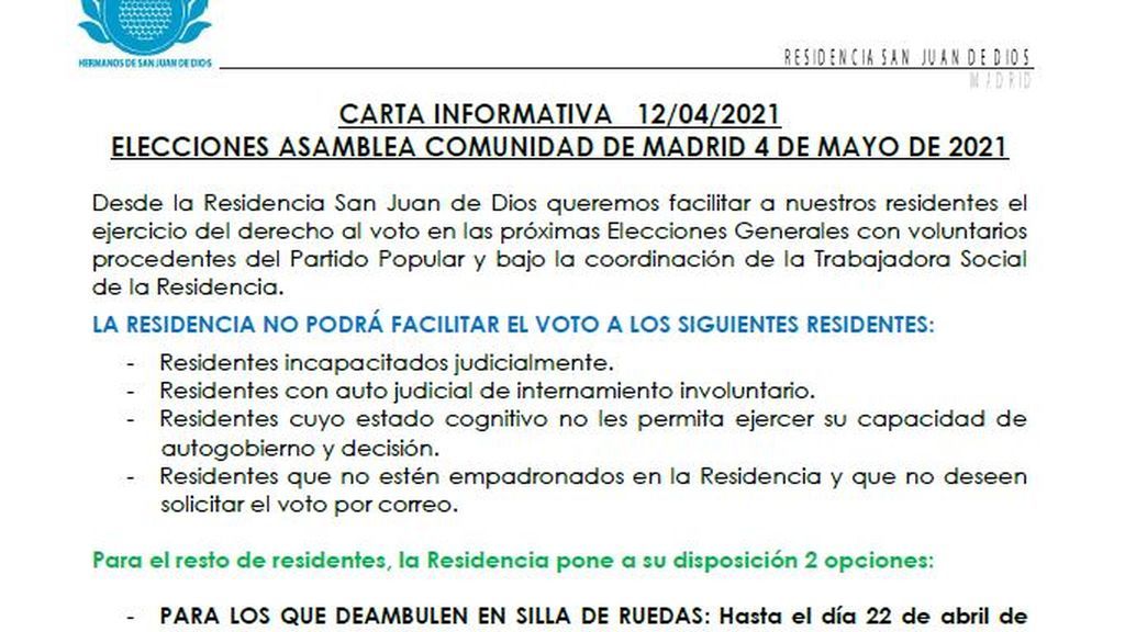 Carta en la que se ofrece la ayuda para votar con "voluntarios del PP"