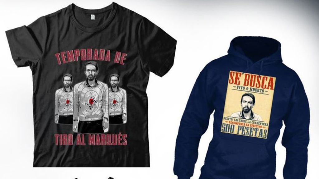 Camisetas con el lema "Se busca vivo o muerto" y la imagen de Pablo Iglesias