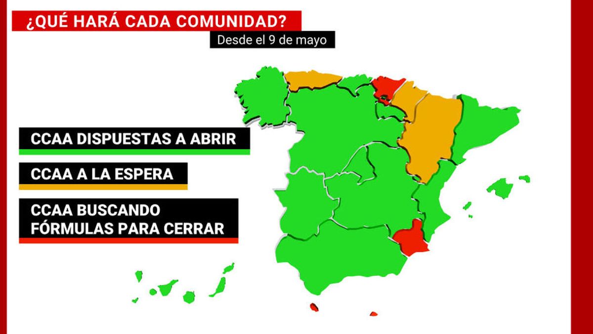 La posición de las comunidades a partir del 9-M: las que abrirán, las que pretenden cerrar y las que dudan La posición de las comunidades a partir del 9-M: las que abrirán, las que pretenden cerrar y las que dudan