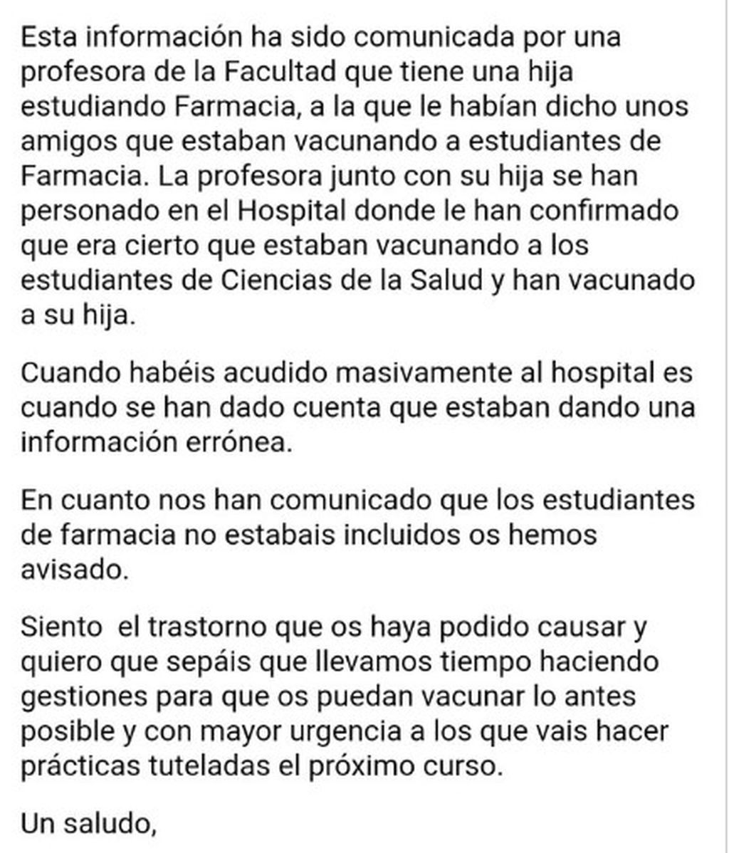 Mensaje recibido por los estudiantes que habían acudido al Zendal