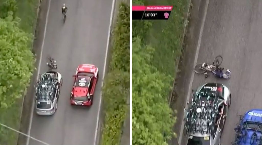 Un coche de equipo atropella a un ciclista en el Giro de Italia por ir hablando con otro conductor