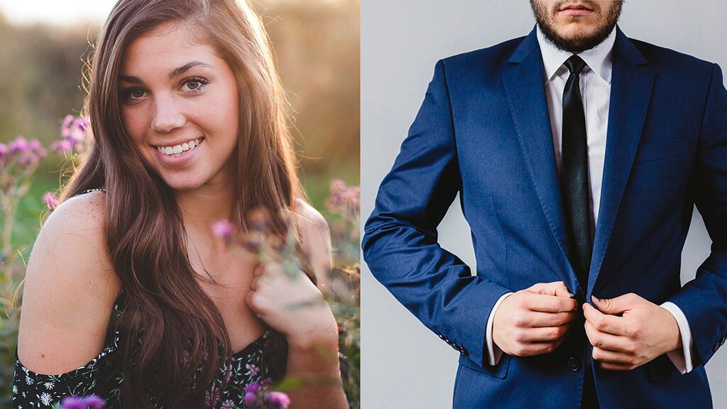 Mujer con vestido de tirantes y hombre con traje y corbata