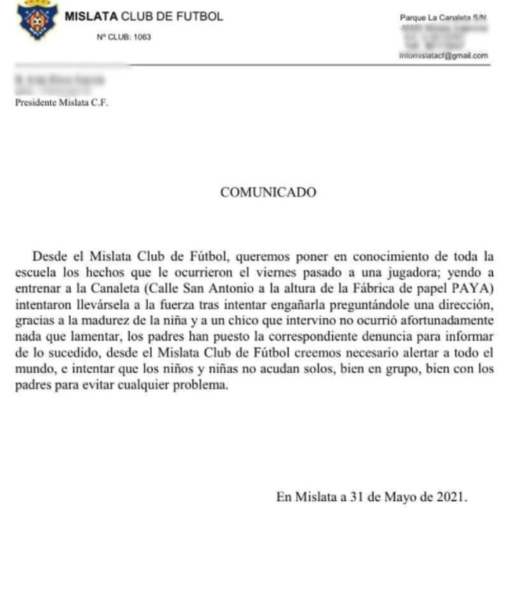 Comunicado de club de fútbol de Mislata