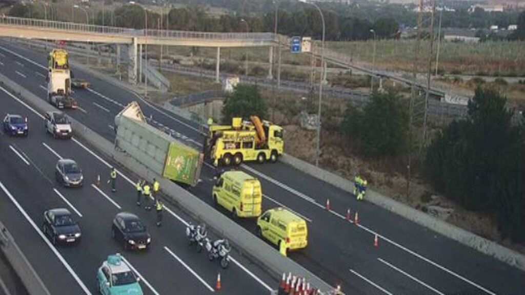 Un camión con cerdos vivos vuelca bloqueando la entrada a Madrid por la autovía A2