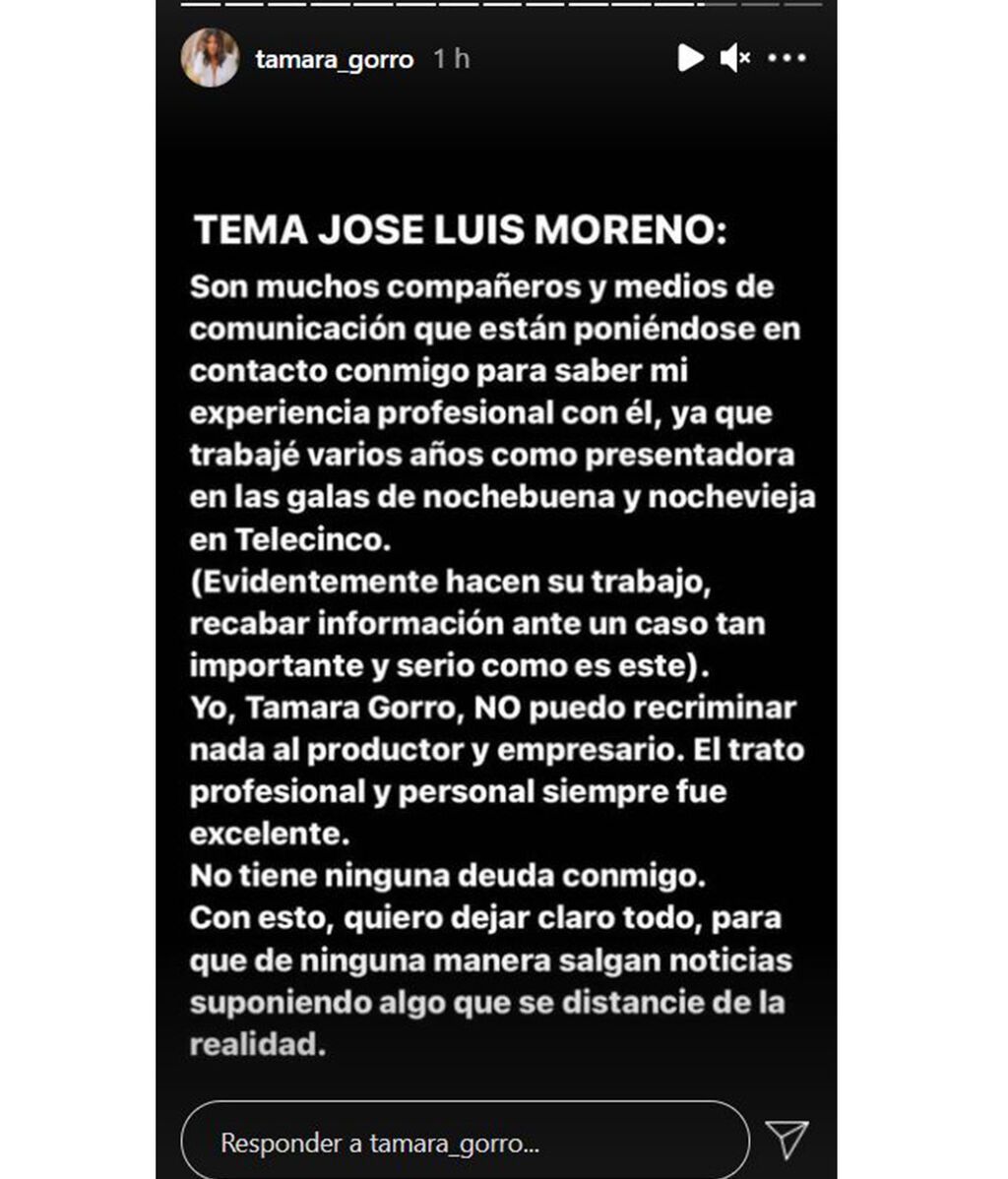 Comunicado de Tamara Gorro sobre la detención de José Luis Moreno