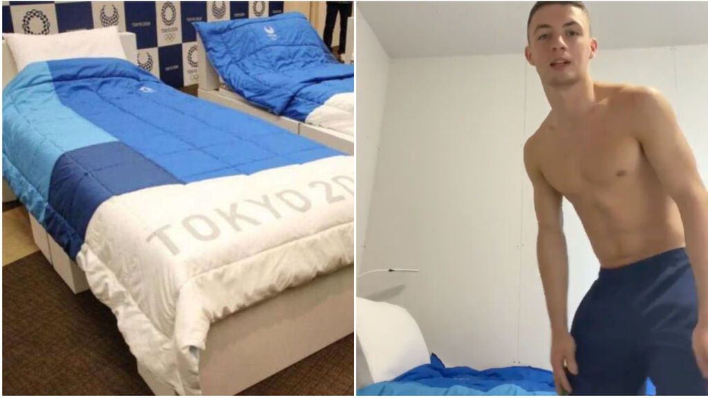 Rhys McClenaghan, atleta irlandés, prueba la cama antisexo de la Villa Olímpica