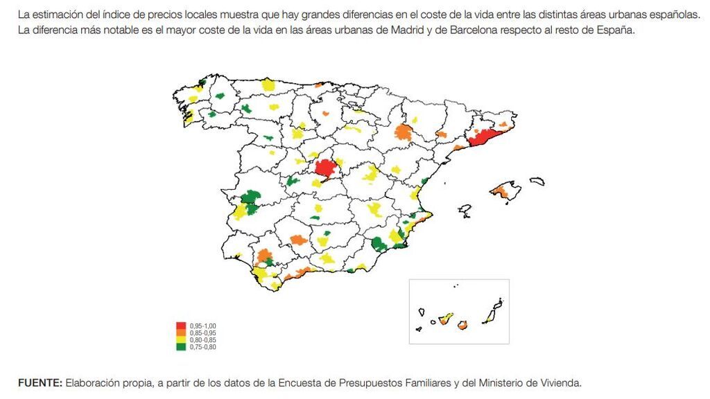 En el gráfico se representa el cociente entre el nivel del índice de precios locales en cada área urbana y el nivel de ese índice en Madrid (en ambos casos, para 2020).