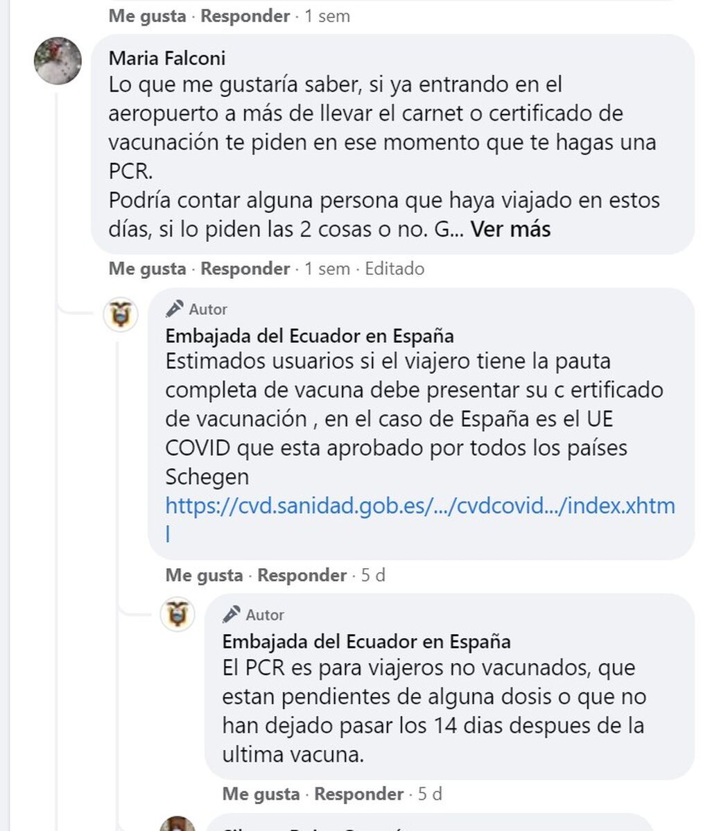 La embajada de Ecuador en España aclara los requisitos para viajar en Facebook