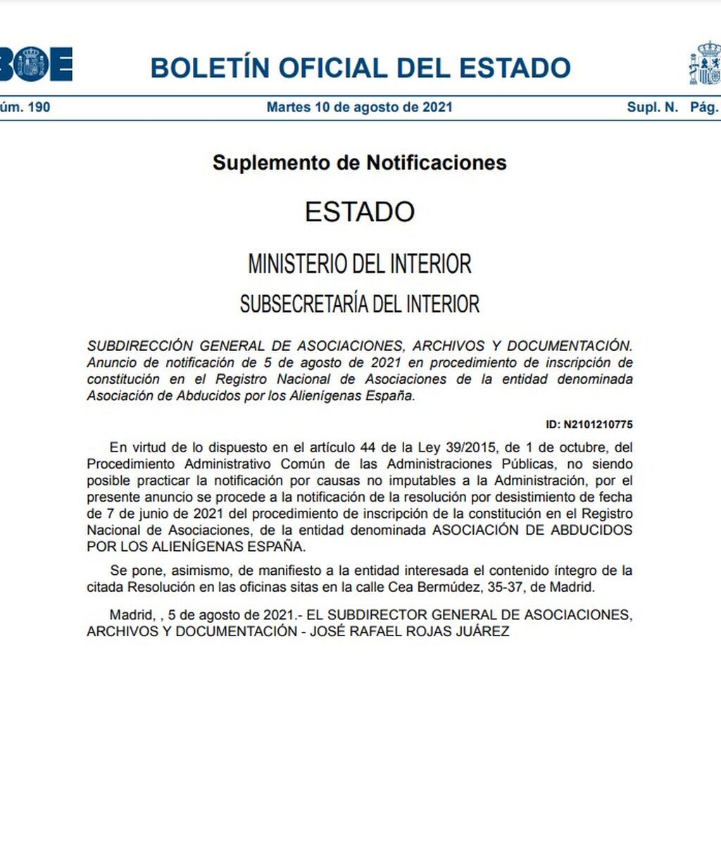 Resolución del BOE sobre la 'Asociación de abducidos por alienígenas de España"