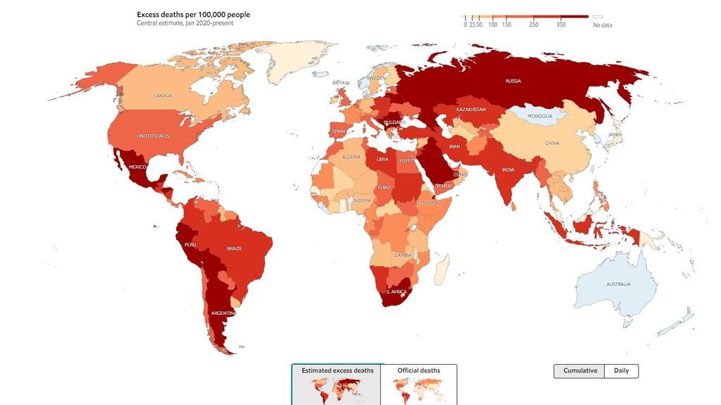 Mapa exceso mortalidad global the economist