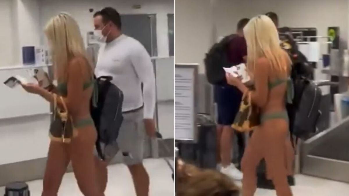Estupefacción en el aeropuerto: una mujer se pasea por la terminal en bikini y con mascarilla