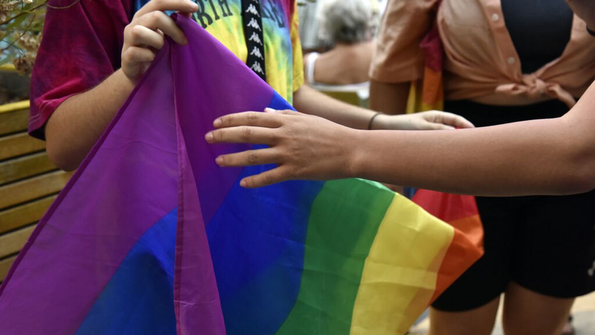 Dos personas sostienen la bandera LGTBI Dos personas sostienen la bandera LGTBI