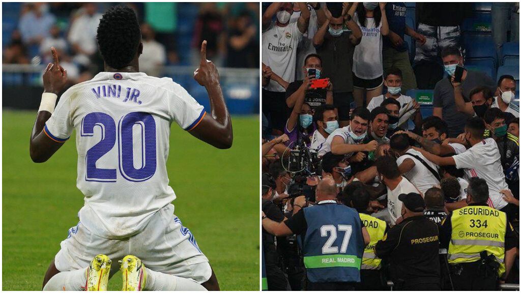 Vinicius llegó a los asientos del Bernabéu para celebrar su gol al Celta.