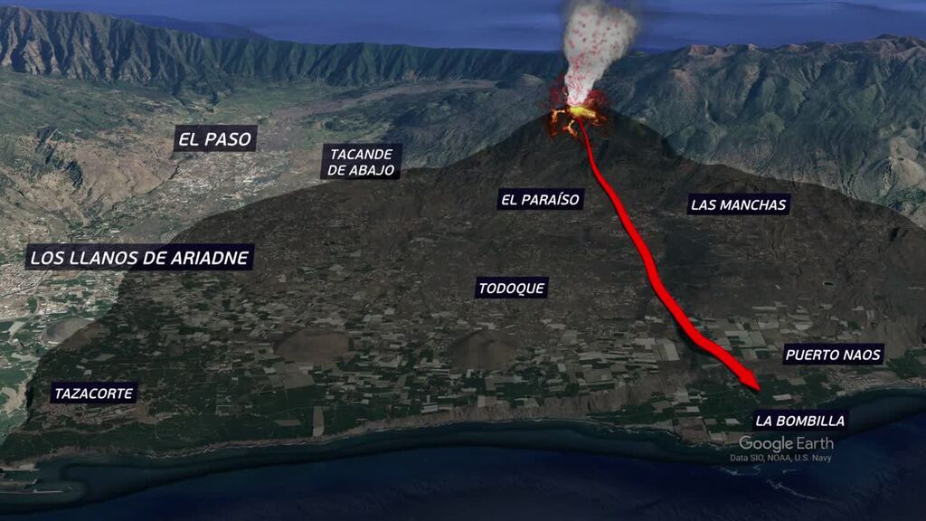 Así avanzan las coladas de lava de La Palma buscando el mar en la zona de Playa Nueva