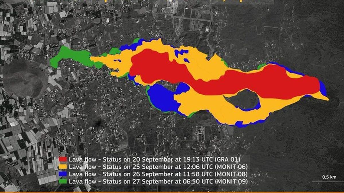 El mapa que muestra las capas de lava formadas en nueve días de erupción El mapa que muestra las capas de lava formadas en nueve días de erupción