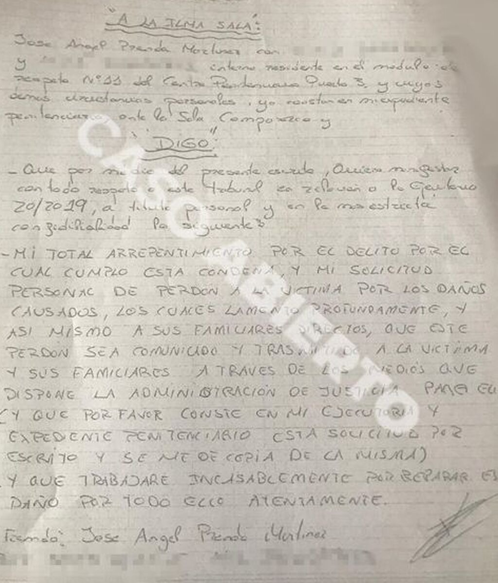 La carta de 'El Prenda' confesando la violación de La Manada