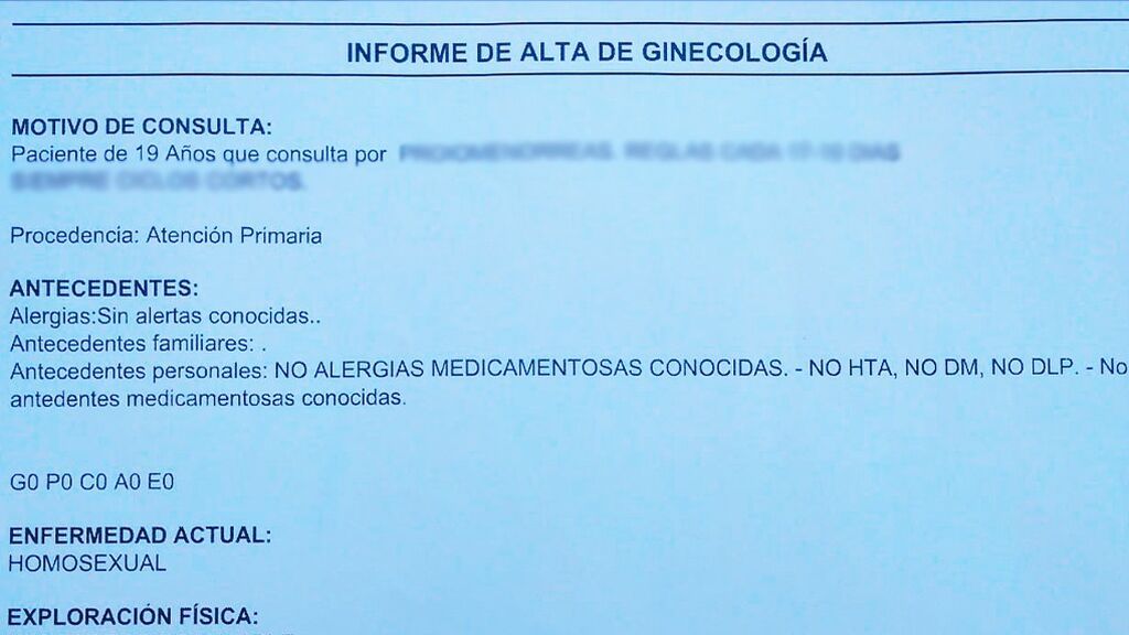 Informe ginecológico de Alba donde se cataloga su homosexualidad como enfermedad