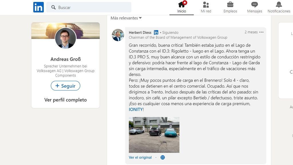 COMENTARIO DE HERBERT DIESS SOBRE IONITY EN LINKEDIN NIUS