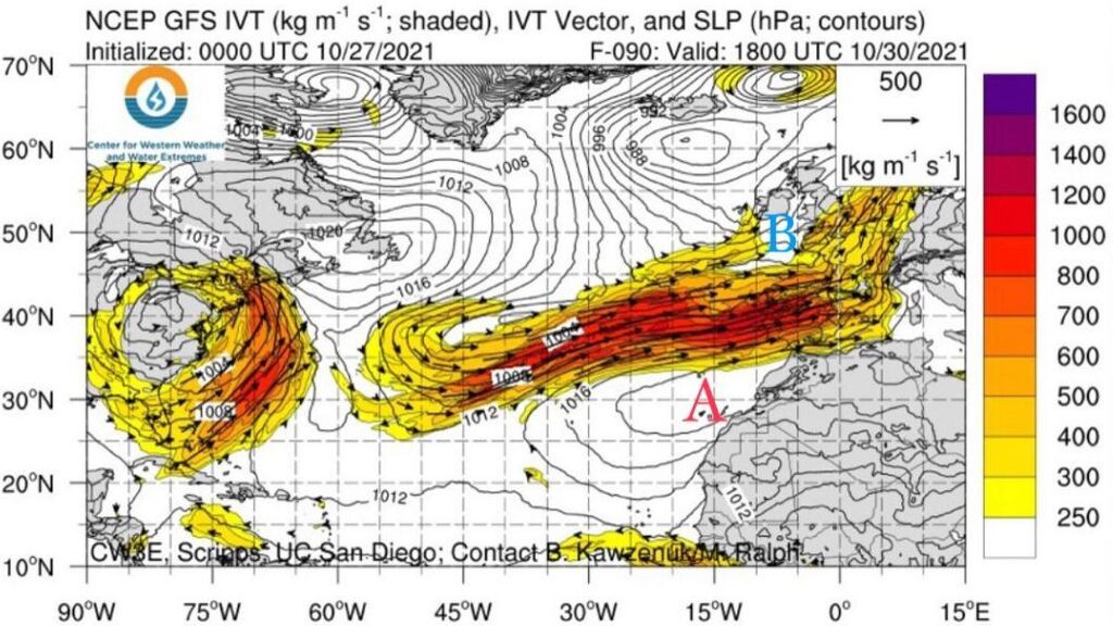 La parte roja de la imagen es el pasillo cargado de vapor de agua, el río atmosférico