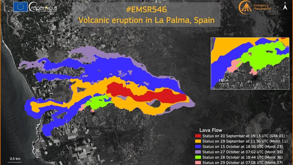 La lava del volcán de La Palma afecta ya a 946 hectáreas y 2.532 edificaciones, según Copernicus