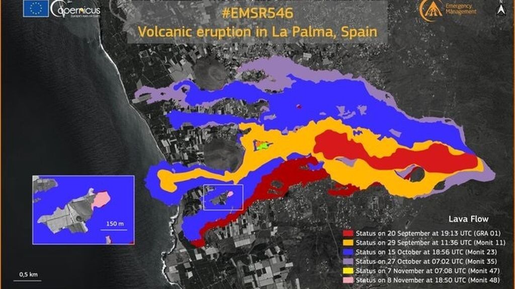 Copernicus actualiza el monitoreo en la zona del volcán, que afecta ya a 994 hectáreas y 2.594 edificaciones