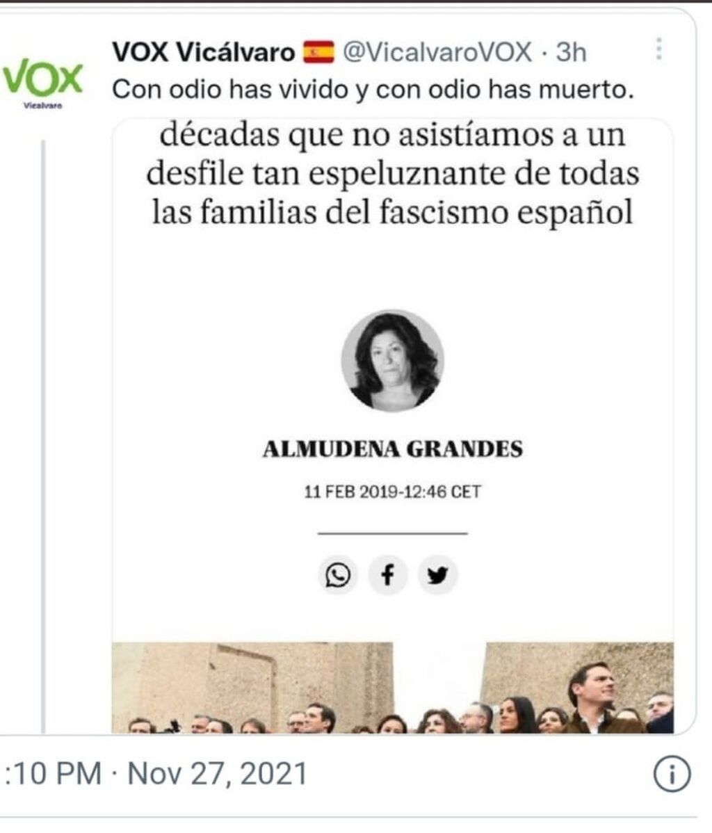 El polémico tuit de VOX sobre la muerte de Almudena Grande