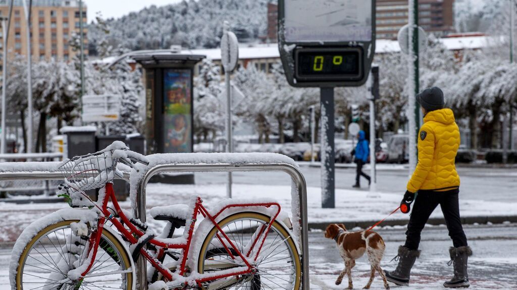 Una mujer pasea a su perro por una calle de Burgos que presentaba este aspecto nevado