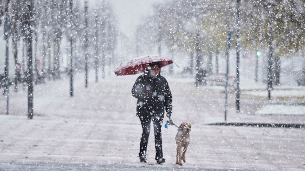 Una mujer pasea con su perro mientras nieva en Pamplona, Navarra