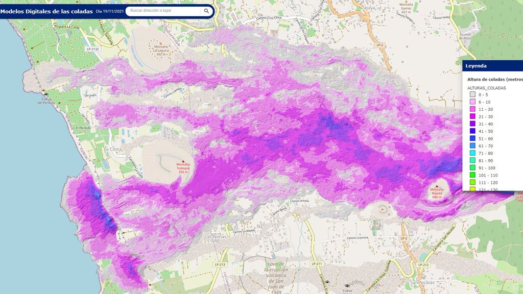 Mapa interactivo de las altura de las coladas de lava en La Palma