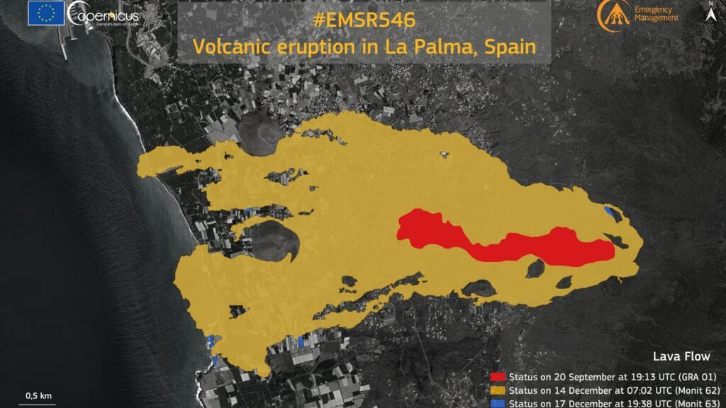 Copernicus cifra en 3,8 las nuevas hectáreas afectadas por el volcán de La Palma