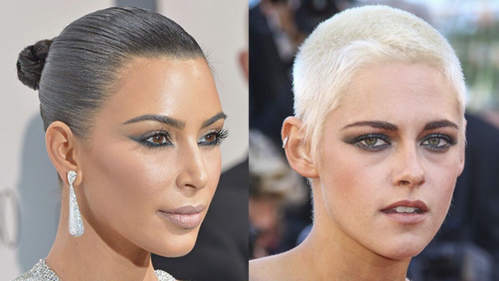 Kim Kardashian y Kristen Stewart con maquillaje reverse cat-eye