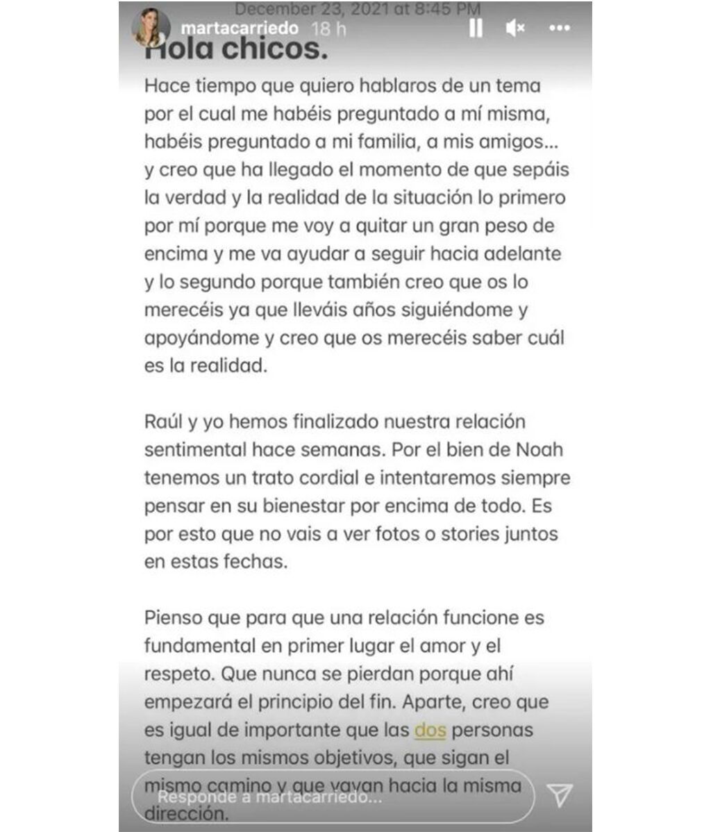 Marta Carriedo anuncia su separación con Raúl Vidal