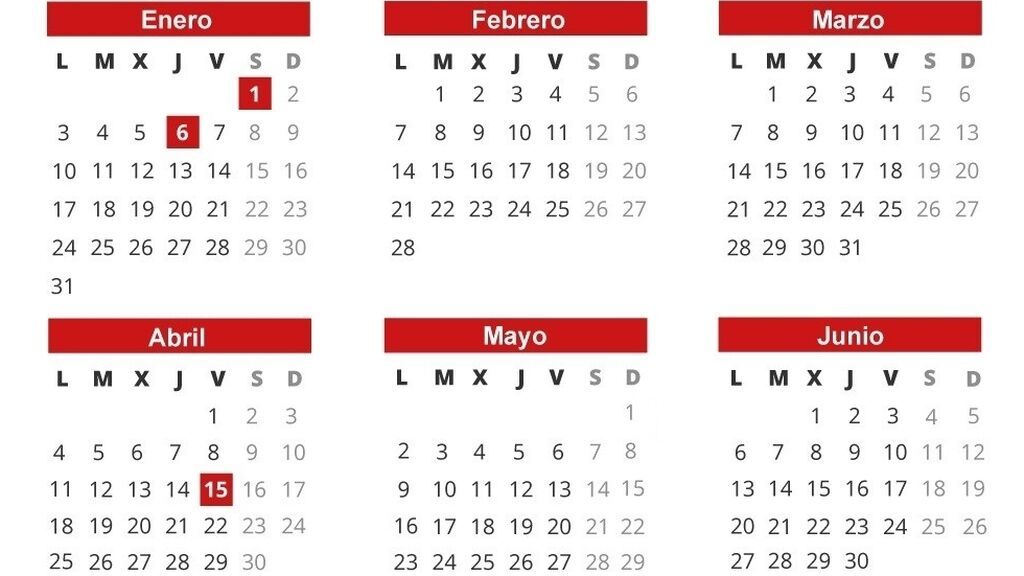 Calendario laboral 2022 de enero a junio