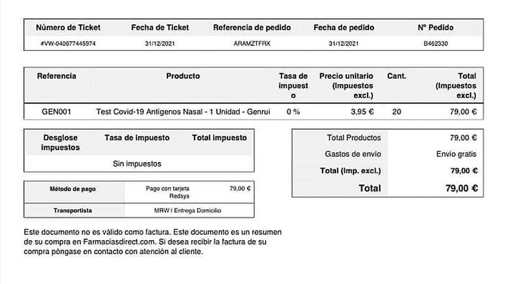Factura test de antígenos Genrui