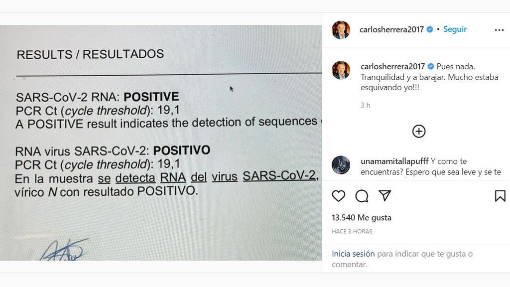 Carlos Herrera cuelga en su cuenta de Instagram el resultado positivo de su PCR