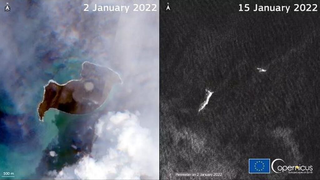 Imágenes satelitales muestran la desaparición de la isla del volcán de Tonga