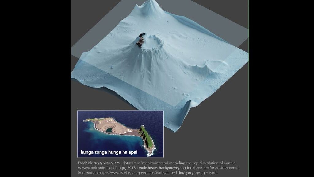 Una recreación 3D muestra la “gigantesca caldera” submarina del Hunga Tonga-Hunga Ha’apai