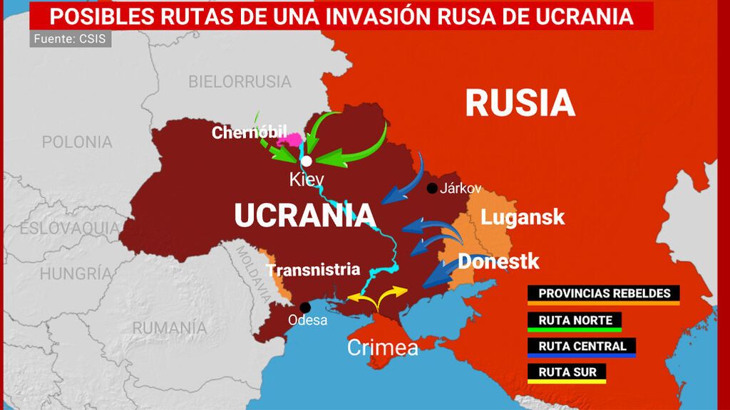 Posibles rutas de invasión rusa de Ucrania