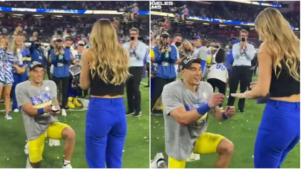 Taylor Rapp, jugador de los Rams, le pide matrimonio a su novia tras ganar la Super Bowl en plena celebración