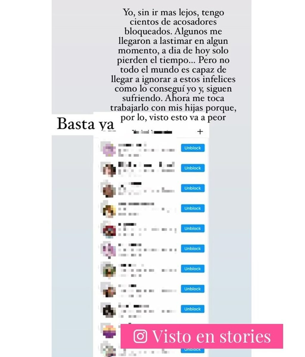 Elena Tablada muestra la larga lista de acosadores que ha bloqueado en Instagram