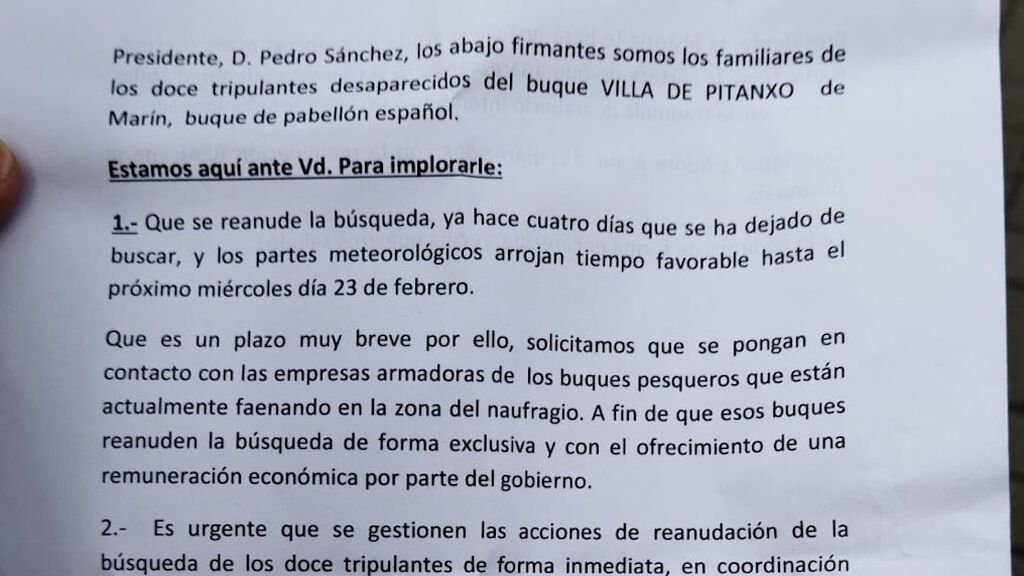 Carta que han escrito los familiares de los 12 tripulantes desaparecidos.
