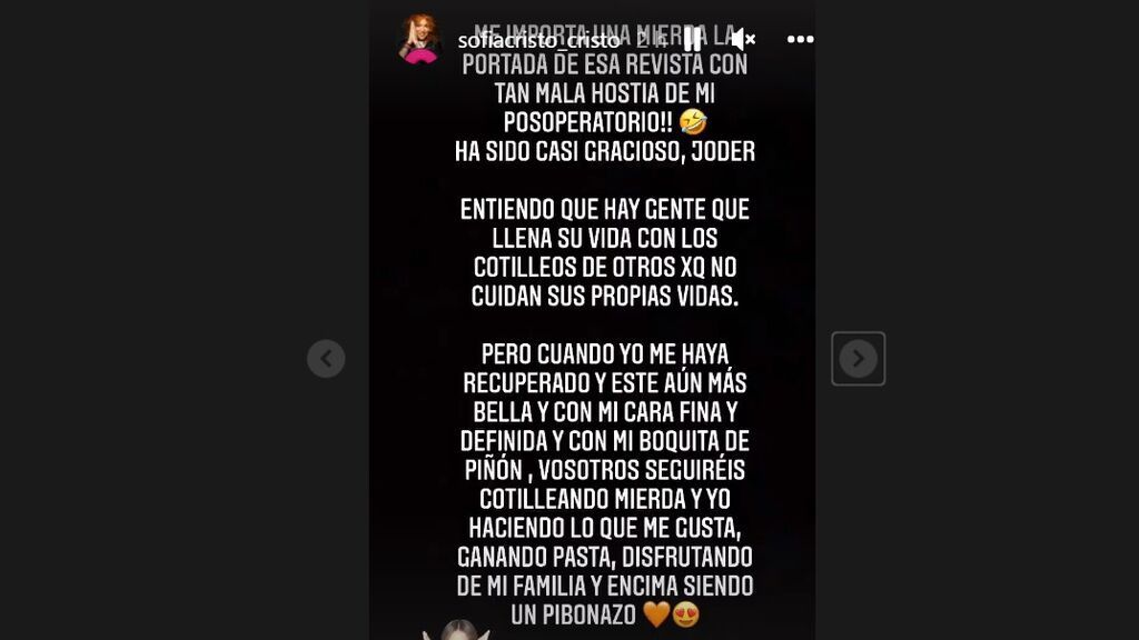 El enfado de Sofía Cristo por las fotos de su postoperatorio